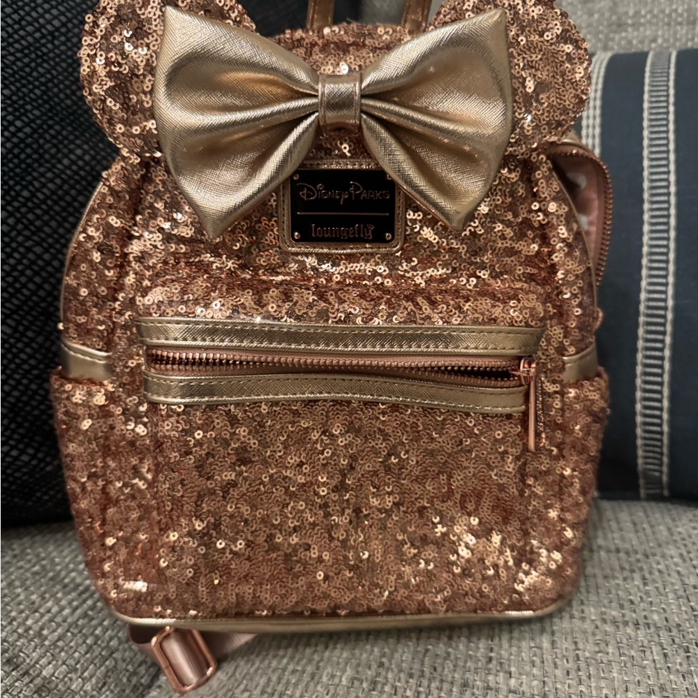 Loungefly Disney Parks Minnie Mouse Sequin Mini Backpack, Rose Gold & Adult Ears - Picture 2 of 5